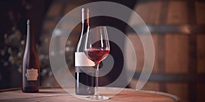 Bottle and glass of red wine on background of wooden oak barrels in cellar of winery, vault. AI generated