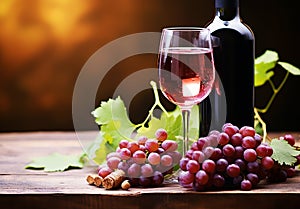 Bottle and glass of red wine next to a bunch of grapes with a blurred background
