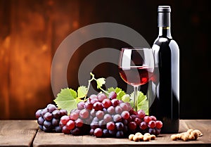 Bottle and glass of red wine next to a bunch of grapes with a blurred background