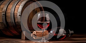 Bottle and glass of red wine, next to a wooden barrel, inside a winery.