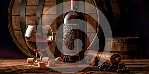 Bottle and glass of red wine, next to a wooden barrel, inside a winery.