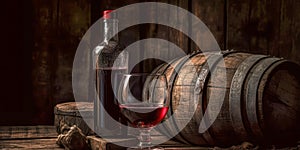 Bottle and glass of red wine, next to a wooden barrel, inside a winery.