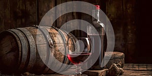 Bottle and glass of red wine, next to a wooden barrel, inside a winery.