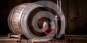 Bottle and glass of red wine, next to a wooden barrel, inside a winery.