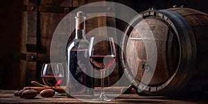 Bottle and glass of red wine, next to a wooden barrel, inside a winery.