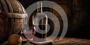 Bottle and glass of red wine, next to a wooden barrel, inside a winery.