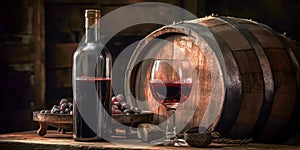 Bottle and glass of red wine, next to a wooden barrel, inside a winery.