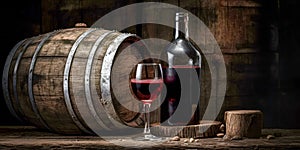Bottle and glass of red wine, next to a wooden barrel, inside a winery.