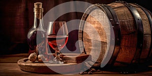 Bottle and glass of red wine, next to a wooden barrel, inside a winery.