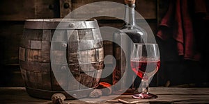 Bottle and glass of red wine, next to a wooden barrel, inside a winery.