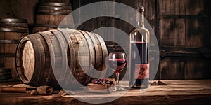 Bottle and glass of red wine, next to a wooden barrel, inside a winery.