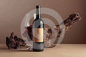 Bottle and glass of red wine with old weathered snag