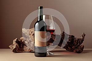 Bottle and glass of red wine with old weathered snag