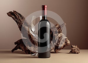 Bottle and glass of red wine with old weathered snag on a beige background