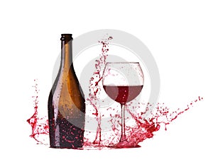 Bottle and glass with red wine, red wine splash, wine pouring on table isolated on white background, big splash around