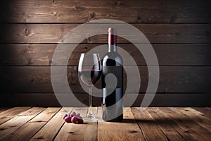 Bottle and glass of red wine on a wooden background with grapes