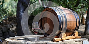 Bottle and glass of red wine, on a wooden table inside a winery.