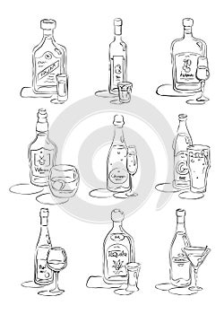 Bottle and glass rum, vodka, liquor, whiskey, champagne, beer, wine, tequila, vermouth together in hand drawn style. Beverage