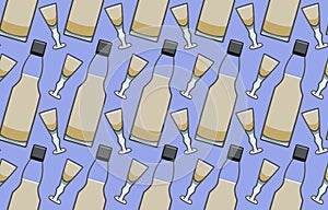 Bottle and glass with sherry seamless pattern on purle background