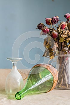 Bottle and glass on the table.