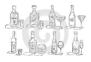 Bottle and glass tequila, rum, vermouth, martini, vodka, whiskey, wine, champagne together in hand drawn style. Beverage outline