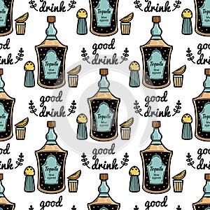 Bottle and glass of tequila seamless vector pattern. Good Mexican drink, shot with lemon slice and salt. Alcohol from