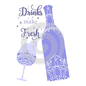 Bottle and glass unique with drink amarula. Vector