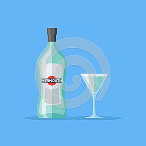 Bottle and glass of vermouth. Flat style vector illustration.