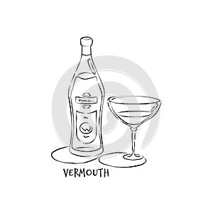 Bottle and glass vermouth in hand drawn style. Restaurant illustration for celebration design. Retro sketch. Line art. Design