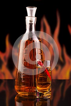 Bottle and glass vodka with chili pepper on background flames.