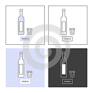 Bottle and glass vodka line art in flat style. Set of shapes of contour elements. Restaurant alcoholic illustration for