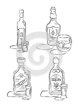 Bottle and glass vodka, whiskey, rum, tequila together in hand drawn style. Beverage outline icon. Restaurant illustration for