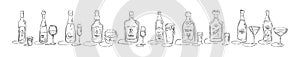 Bottle and glass vodka, wine, champagne, whiskey, liquor, beer, tequila, rum, martini, vermouth in hand drawn style. Beverage