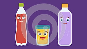 bottle and glass of water with sad and happy faces over purple background. colorful design.