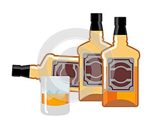 Bottle and Glass of whiskey and ice. flacon scotch. Drink on white background. Alcohol illustration