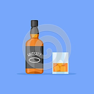 Bottle and glass of whiskey with ice. Flat style vector illustration.