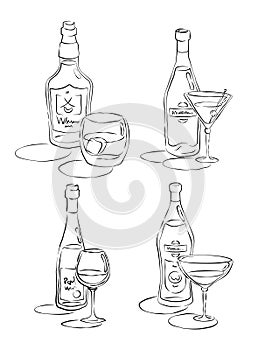 Bottle and glass whiskey, vermouth, red wine, martini together in hand drawn style. Beverage outline icon. Restaurant illustration