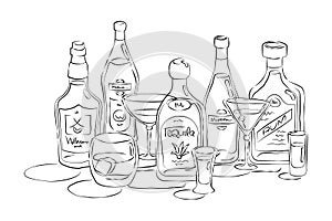 Bottle and glass whiskey vermouth tequila martini rum together in hand drawn style. Beverage outline icon. Restaurant illustration