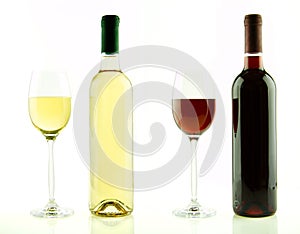 Bottle and glass of white and red wine isolated