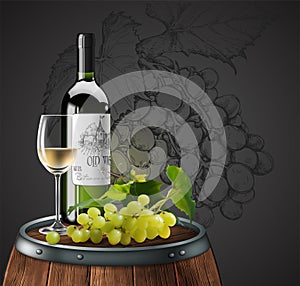 Bottle, glass of white wine and bunch of grapes  on a wooden barrel. 3D vector. High detailed realistic illustration