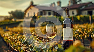 Bottle And Glass Of White Wine Set Against The Golden Hour Sunlight In A Vineyard