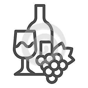 Bottle, glass of wine and bunch of grapes line icon. Wine with wineglass and grape outline style pictogram on white
