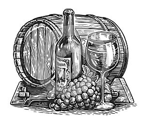 Bottle and glass of wine with bunch of ripe grapes. Hand drawn sketch clipart illustration for restaurant menu