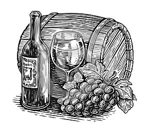 Bottle with glass of wine drink and grapes on background of wooden cask. Sketch clipart illustration