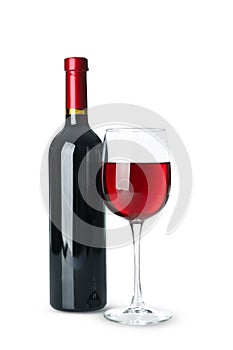 Bottle and glass of wine isolated on white