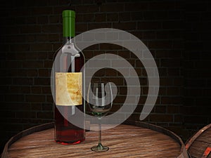 bottle and glass of wine stands on a wooden barrel in a wine cellar . 3D render