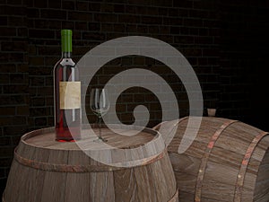 bottle and glass of wine stands on a wooden barrel in a wine cellar . 3D render