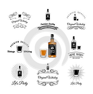 Bottle and Glasses Alcohol Elements. Tequila, Champagne, Whisky, Wine, Brandy, Beer Rum Vector Illustration On White