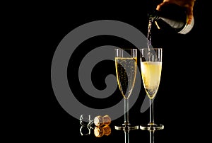 Bottle and glasses of Champagne toasting for New year Romantic Celebration and Special moments