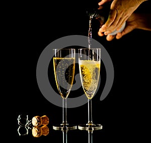 Bottle and glasses of Champagne toasting for New year Romantic Celebration and Special moments